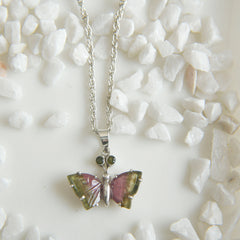 Tourmaline Butterfly Pendant with Green Round-Cut Eyes โ 925 Sterling Silver