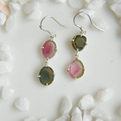 Green & Pink Watermelon Tourmaline Double Slice Earrings โ 925 Sterling Silver