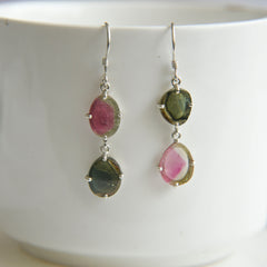 Green & Pink Watermelon Tourmaline Double Slice Earrings โ 925 Sterling Silver