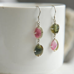 Green & Pink Watermelon Tourmaline Double Slice Earrings โ 925 Sterling Silver