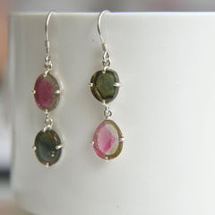 Green & Pink Watermelon Tourmaline Double Slice Earrings โ 925 Sterling Silver