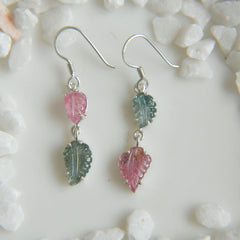 Pink & Blue Tourmaline Leaf Carving Earrings โ 925 Sterling Silver