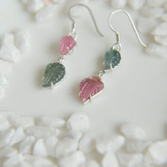 Pink & Blue Tourmaline Leaf Carving Earrings โ 925 Sterling Silver