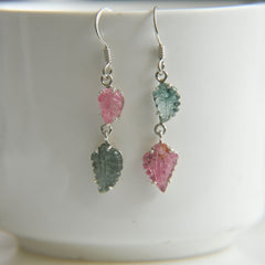 Pink & Blue Tourmaline Leaf Carving Earrings โ 925 Sterling Silver