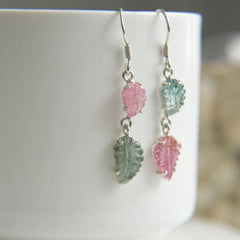 Pink & Blue Tourmaline Leaf Carving Earrings โ 925 Sterling Silver