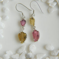 Pink & Yellow Tourmaline Leaf Carving Earrings โ 925 Sterling Silver