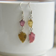 Pink & Yellow Tourmaline Leaf Carving Earrings โ 925 Sterling Silver