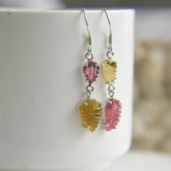 Pink & Yellow Tourmaline Leaf Carving Earrings โ 925 Sterling Silver