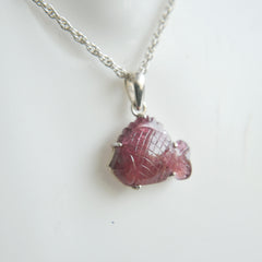 Carved Pink Tourmaline Fish Pendant โ 925 Sterling Silver