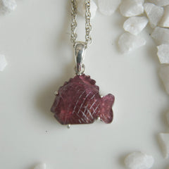 Carved Pink Tourmaline Fish Pendant โ 925 Sterling Silver