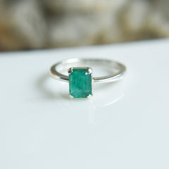 Natural Dark Emerald Octagonal Cut Ring – 925 Sterling Silver