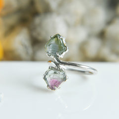 Bi-Color Tourmaline Heart Bypass Ring – 925 Sterling Silver