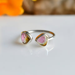 Bicolor Tourmaline Flat Cut Ring (Pink & Green) โ 925 Sterling Silver