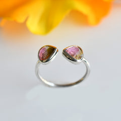 Bicolor Tourmaline Flat Cut Ring (Pink & Green) โ 925 Sterling Silver