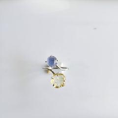 Lemon Topaz Flower & Iolite Round Flat Cut Ring โ 925 Sterling Silver