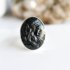 Black Tourmaline Cameo Ring โ 925 Sterling Silver
