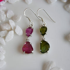 Flat-Cut Pink & Green Tourmaline Drop Earrings โ 925 Sterling Silver