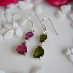 Flat-Cut Pink & Green Tourmaline Drop Earrings โ 925 Sterling Silver