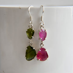 Flat-Cut Pink & Green Tourmaline Drop Earrings โ 925 Sterling Silver