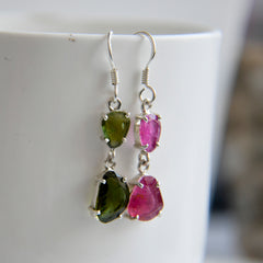 Flat-Cut Pink & Green Tourmaline Drop Earrings โ 925 Sterling Silver