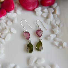 Pink & Green Tourmaline Raw Drop Earrings โ 925 Sterling Silver