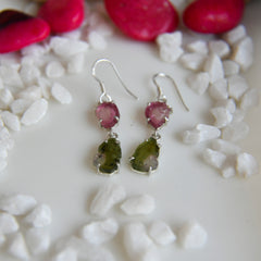 Pink & Green Tourmaline Raw Drop Earrings โ 925 Sterling Silver