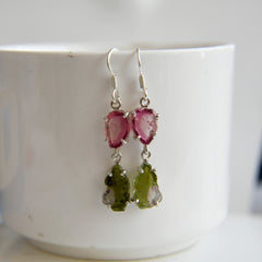 Pink & Green Tourmaline Raw Drop Earrings โ 925 Sterling Silver