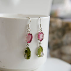 Pink & Green Tourmaline Raw Drop Earrings โ 925 Sterling Silver