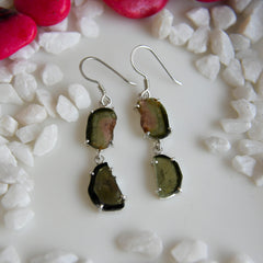 Bi-Color Green & Orange Tourmaline Slice Earrings โ 925 Sterling Silver