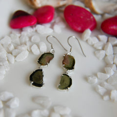 Bi-Color Green & Orange Tourmaline Slice Earrings โ 925 Sterling Silver