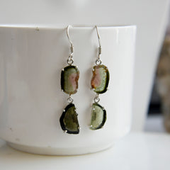 Bi-Color Green & Orange Tourmaline Slice Earrings โ 925 Sterling Silver