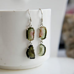 Bi-Color Green & Orange Tourmaline Slice Earrings โ 925 Sterling Silver