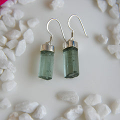 Raw Green Tourmaline Crystal Earrings โ 925 Sterling Silver