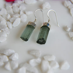 Raw Green Tourmaline Crystal Earrings โ 925 Sterling Silver