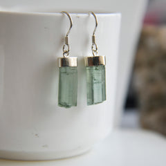 Raw Green Tourmaline Crystal Earrings โ 925 Sterling Silver