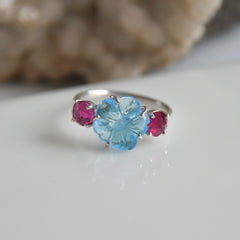 Blue Topaz Flower & Rubelite Round Cut Ring – 925 Sterling Silver