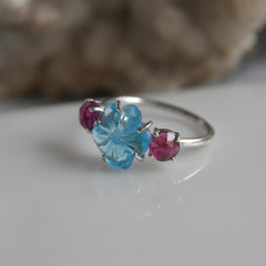 Blue Topaz Flower & Rubelite Round Cut Ring – 925 Sterling Silver