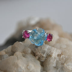 Blue Topaz Flower & Rubelite Round Cut Ring – 925 Sterling Silver