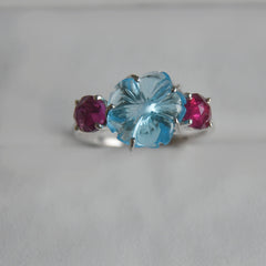 Blue Topaz Flower & Rubelite Round Cut Ring – 925 Sterling Silver
