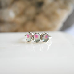 Triple Light Blue-Pink Tourmaline Cabochon Ring โ 925 Sterling Silver