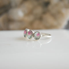 Triple Light Blue-Pink Tourmaline Cabochon Ring โ 925 Sterling Silver