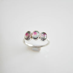Triple Light Blue-Pink Tourmaline Cabochon Ring โ 925 Sterling Silver