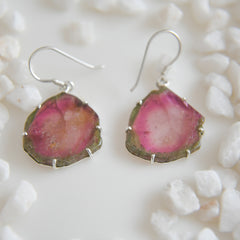 Large Watermelon Tourmaline Slice Earrings – 925 Sterling Silver
