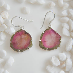 Large Watermelon Tourmaline Slice Earrings – 925 Sterling Silver