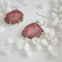 Large Watermelon Tourmaline Slice Earrings – 925 Sterling Silver