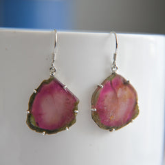 Large Watermelon Tourmaline Slice Earrings – 925 Sterling Silver
