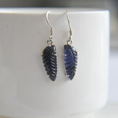 Carved Iolite Leaf Earrings – 925 Sterling Silver