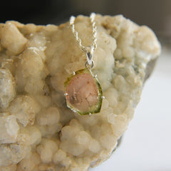 Light Watermelon Tourmaline Slice Pendant โ 925 Sterling Silver