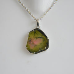 Bold Watermelon Tourmaline Slice Pendant – 925 Sterling Silver