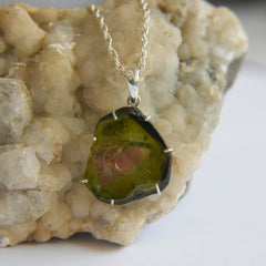 Bold Watermelon Tourmaline Slice Pendant – 925 Sterling Silver